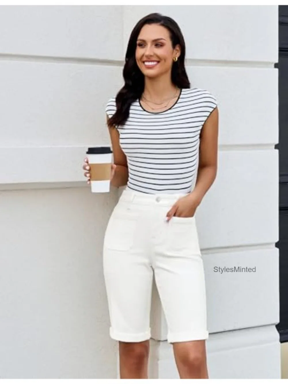 High Waisted Bermuda Shorts Knee Length Fold Hem Stretchy Denim Long Shorts